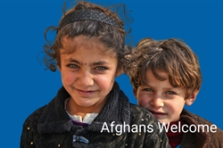 [ai] Two children smiling at the camera, with the girl in front wearing a black jacket and the boy behind with tousled hair. A blue background features the text "Afghans Welcome."